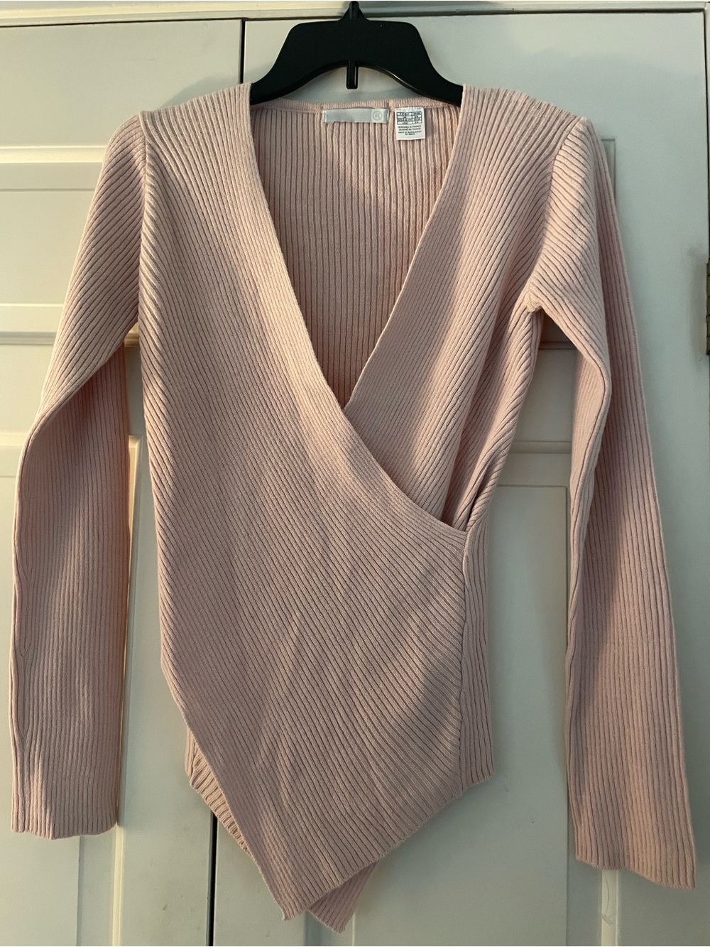 Women's Ribbed Wrap V-Neck Sweater in Light Pink